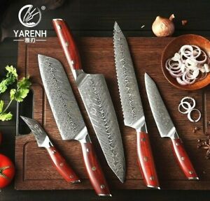 Chef Bread Santoku Utility Paring Knife Set 67 Layers Damascus Steel Wood Handle
