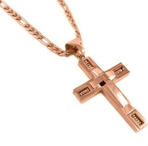 Mens Stainless Steel Rose Gold Pendant Cross Necklace with 24 Inch Figaro Chain
