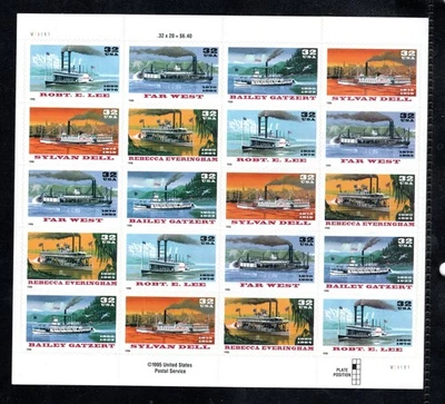 US 3091-3095b (1996) 32c-MNH-Steamboats-EFO: Special Die Cutting (skipped perfs) - Image 1 of 2