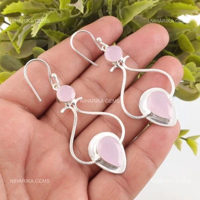 Rosa Argento Sterling Calcedonio Gemma Fidanzamento Sorella Goccia Orecchini - Immagine 1 di 4