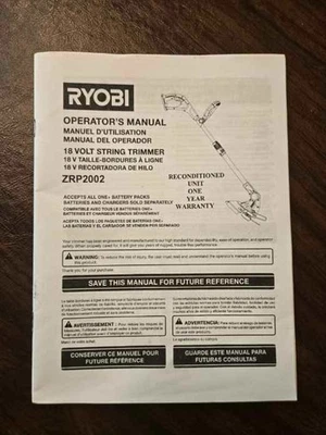 Ryobi 18V ZRP2002 String Trimmer Manual 12 pages + Suplemental - Image 1 of 3