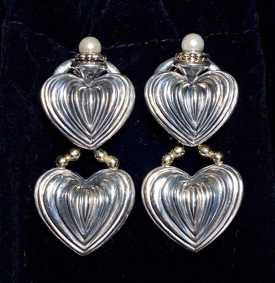 Pendientes Lagos Caviar Corazón Acanalado 925 Oro 18K y Perlas Convertibles a Tachuelas Foto 1 de 4