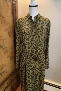 Escada Sport Lined Dress Women 40 Green Leopard Animal Button Belted Long Sleeve - Picture 1 of 22
