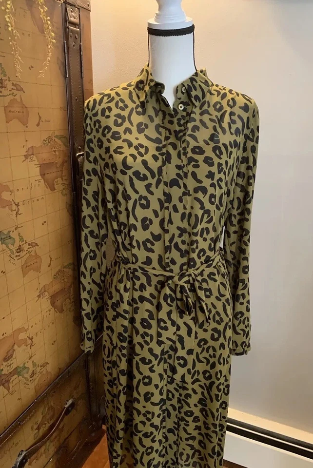 Escada Sport Lined Dress Women 40 Green Leopard Animal Button Belted Long Sleeve - Image 1 of 4