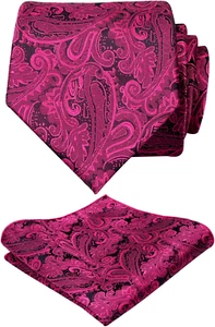 Men's Paisley Floral Tie Handkerchief Wedding Woven Necktie Set Black+Hot pink - Picture 1 of 8