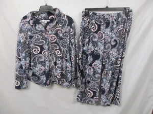 Ellen Tracy Pajama Set Womens Large Blue Paisley Shirt Pants Button Up Polyester - Picture 1 of 11