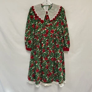 Vintage Bonnie Jean Holiday Dress Girls 7 Green Red Holly Apple Formal Party - Picture 1 of 11
