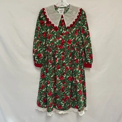 Vestido de Vacaciones Bonnie Jean Vintage Niñas 7 Verde Rojo Acebo Manzana Fiesta Formal Foto 1 de 4