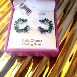 RACHEL ZOE CUBIC ZIRCONIA STERLING SILVER/EMERALD GREEN PIERCED EARRINGS - Picture 1 of 3