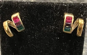 Vintage Gold Tone Rainbow Style Baguette Crystal Twirl Pierced Earrings - Picture 1 of 3