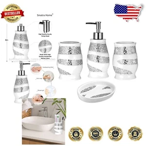 4-Piece Sinatra White Bathroom Accessories Set - Luxe Resin & Mosaic Design - Picture 1 of 9