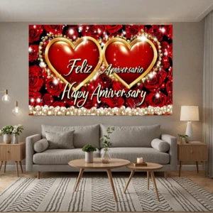 Backdrop Happy Anniversary Party Decorations Burgundy Red Flowers Photography - Picture 1 of 14