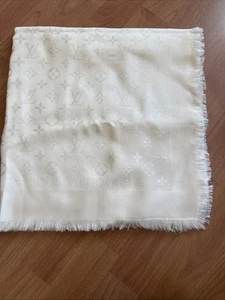 Louis Vuitton Shawl Monogram Large Scarf Ivory Cream Silk Wool Eyelash Fringe - Picture 1 of 4