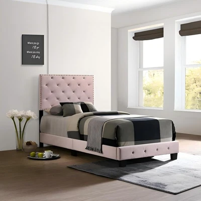 Encantadora cama doble rosa para niños, cama con dosel de madera con rieles Foto 1 de 4