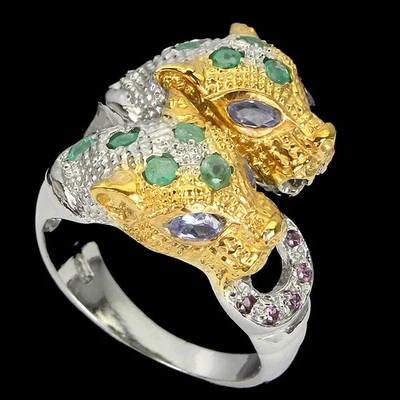 925 Sterling Silber Ring Tansanit Smaragd Rhodorit Edelstein Schmuck Größe 8 - Bild 1 von 4