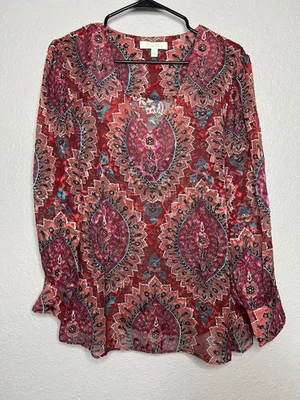 Blusa paisley floral vermelha manga longa veludo burnout mistura seda ETCETERA tamanho 12 - Imagem 1 de 4