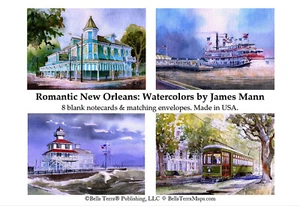 Romántico juego de tarjetas de notas de Nueva Orleans. Acuarelas de James Mann de 4 vistas "Big Easy" - Imagen 1 de 6