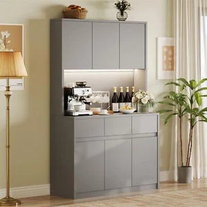70" Kitchen Pantry Storage Cabinet, Farmhouse Kitchen Hutch with Microwave Stand - Picture 1 of 7