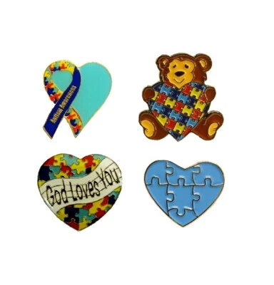 4 Piece Set Autism Awareness Heart Colorful Puzzle Pieces Lapel Hat Pins 4P001 - Image 1 of 4