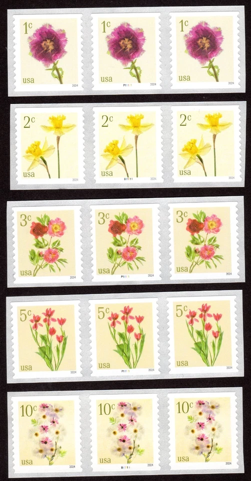 Scott #5906a (5902-06) Flowers (PNC3) Plate # Coil of 3 Stamps - MNH - Image 1 of 1