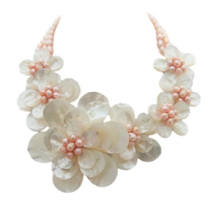 freshwater Pink Pearl White Shell Flower statement Necklace - Picture 1 of 5