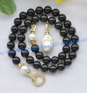 Natural Black Agate Gems Beaded White Keshi Baroque Pearl Pendant Necklace
