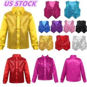 Kid Boys Shiny Vest Shirt Dance Costume Hip-hop Performance Jacket  Outerwear - Picture 1 of 154