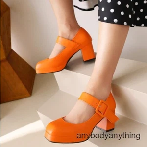 Damenschuhe Kunstleder Schnalle Riemen Blockabsatz runde Spitze modisch dünn US4-13 - Bild 1 von 22