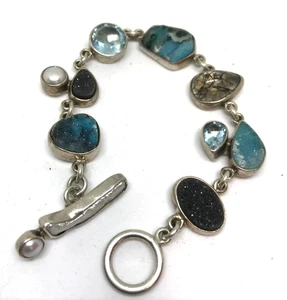 Sterling Silver Natural Stone Bracelet Blue Stones inc Druzys Crystals etc - Picture 1 of 11