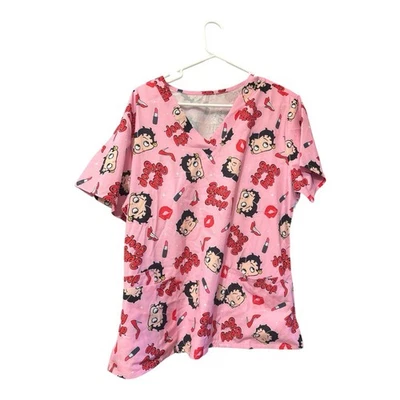 Betty Boop Scrubs Top Pink LightweightSize XL Fleischer Studios Double Pockets - Image 1 of 3