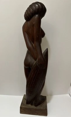 ANTIQUE SURF GIRL SCULPTURE WOMAN WITH BOARD SIGNED BATES MID CENTURY HAWAII 24" - Image 1 of 4