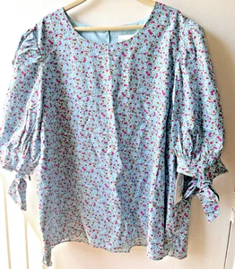 Blusa Top Casa Jacinto Nueva con Etiquetas Talla XXL Azul Floral Puff Manga Corta Arcos Forrados - Imagen 1 de 9