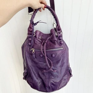 Balenciaga Raisin Giant Brogues Pompon City Purple Distressed Leather Bucket Bag - Picture 1 of 10