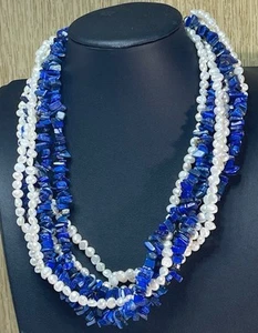 Echte Perle und Lapis 7 Strang Halskette 17”- 20” Sterlingsilber Verschluss - Bild 1 von 5