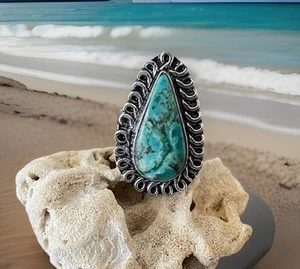 Size 7.5 African Turquoise Gemstone Ring -925 Sterling Silver plated- New - Picture 1 of 4