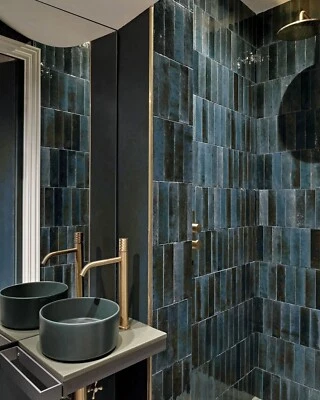 Brick Metro Ceramic Wall tiles 6.5x25cm Bumpy Ocean Blue Glossy Kitchen - Image 1 of 4