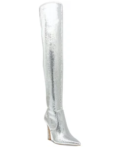 Steve Madden Women's Laddy Pointed-Toe Over-The-Knee Silver Sequin Boots 5.5 - Picture 1 of 3