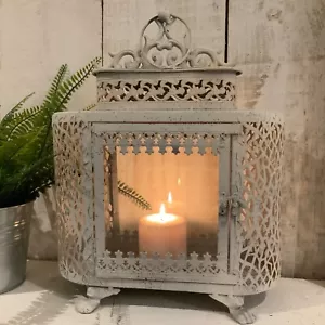 White Metal Glass Lantern Vintage Antique Candle Moroccan Garden Shabby Chic - Picture 1 of 12