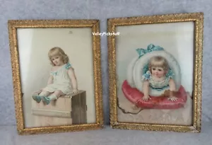Antique Vintage Victorian Baby Girl Gilt Frame Prints Bedroom Doll Wall Décor - Picture 1 of 12