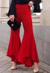 NWT ZARA Women’s Red Flare Ruffle Bell Bottom Trouser Dress Pants Side Zip SZ L - Picture 1 of 5