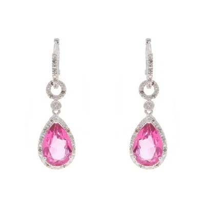 Sterling Pink Topaz & Diamond Huggie Hoop Dangle Earrings - 925 Pear 13.06ctw - Image 1 of 4