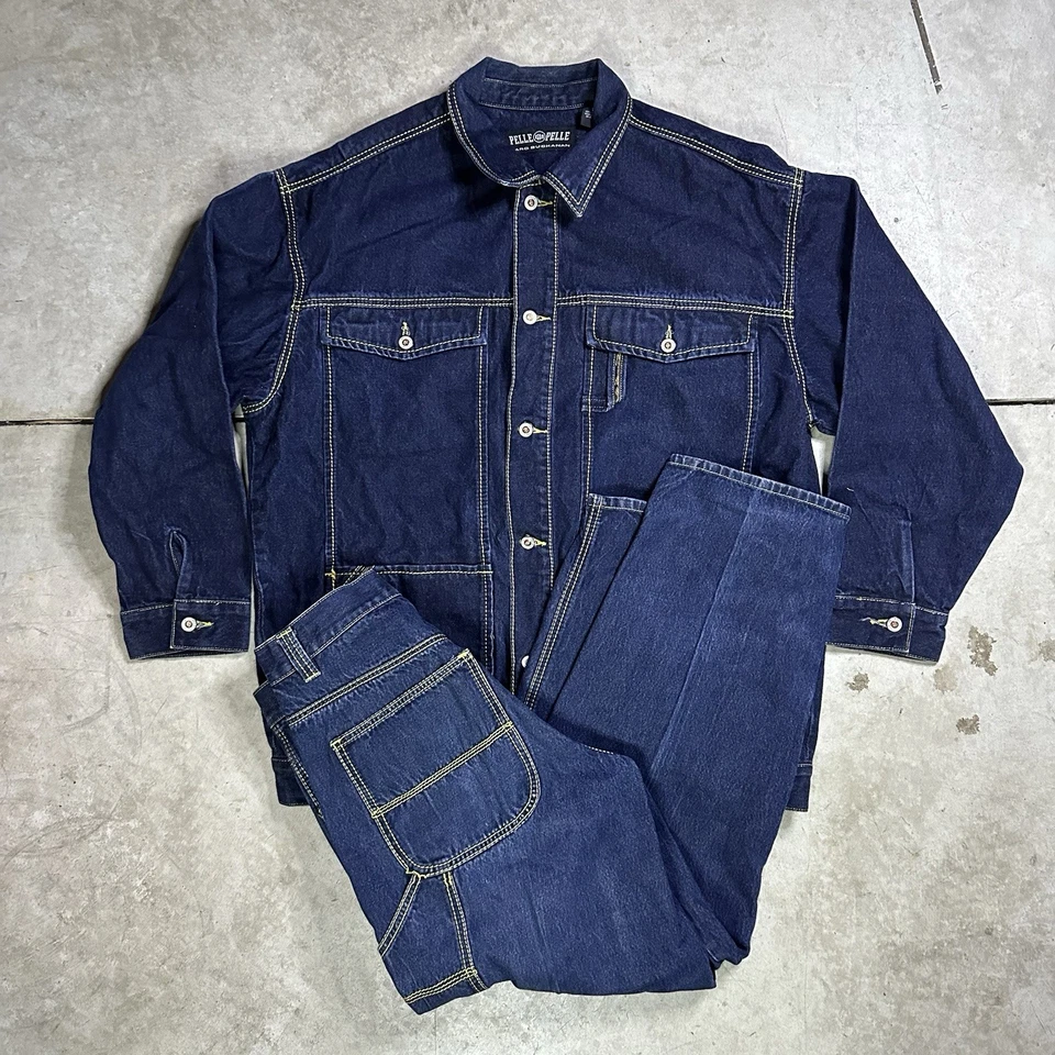 Conjunto de Jaqueta Jeans Vintage Pelle Pelle Jeans Tamanho XL Y2K Hip Hop Rap  - Imagem 1 de 4