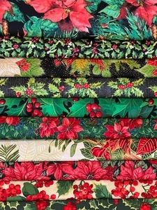 Quilting Fabric Lot - Christmas Holiday Winter Floral, 10 Fat Quarters + 1 FREE! - Picture 1 of 14