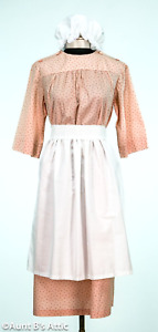 Western/Pioneer Teen/Adult Peach Floral Smock Dress W/ Waist Apron & Mob Cap