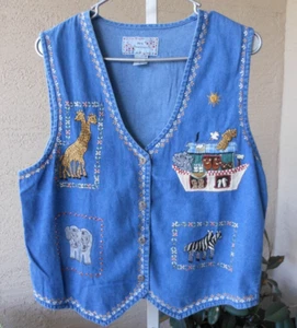 New Directions Arche Noah bestickte Weste Größe Large blau Chambray Denim - Bild 1 von 9