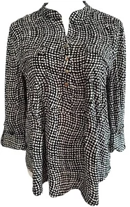 COCOMO Petite Large Black White 3/4 sleeve women's Pintuck Blouse Tunic shirt - Picture 1 of 13