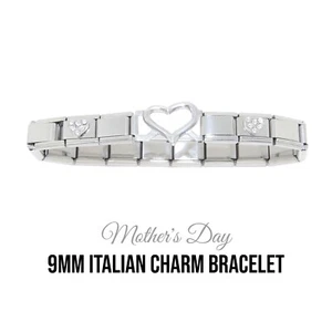 Mother's Day open heart bracelet 2 crystal hearts 9mm classic Italian charm - Picture 1 of 1