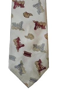 VTG Men's Tie Sear's  The Men's Store Beige Red White Embroidered Trains - Picture 1 of 7