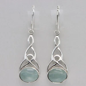 Blue Oval AQUAMARINE Celtic Leverback Dangle Earrings - 925 STERLING SILVER #3e - Picture 1 of 9