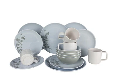 Melamin Geschirrset Blumen 16tlg weiß grau Essgeschirr Camping Caravan Wohnmobil - Bild 1 von 4